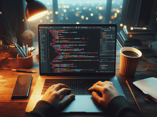 Web development laptop with code